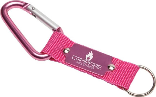 A pink keyring with a carabiner clip and a branded fabric strap.