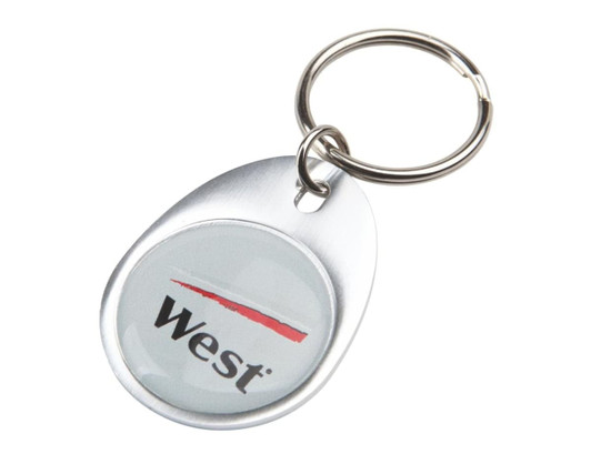 A silver keyring with a circular attachment featuring a logo in red and grey. The keyring has a metallic finish.