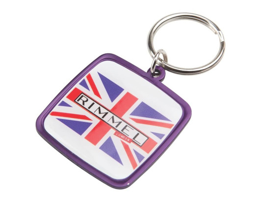 A square keyring featuring a British flag design, with a purple border and a logo.