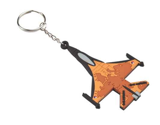 A keyring shaped like an orange jet fighter, featuring detailing and a metal keychain attachment.