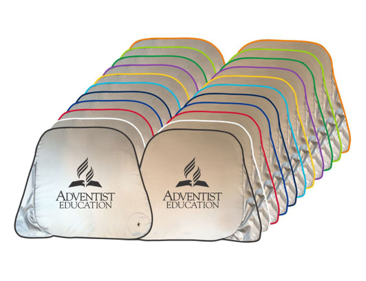 A series of silver sunshades in various colours, featuring a logo, arranged in a neat display.