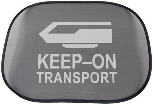 A grey sunshade featuring a logo and text, designed for leisure and outdoor use.