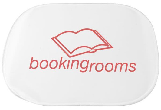 A white sunshade with a logo featuring an open book and the text "bookingrooms".