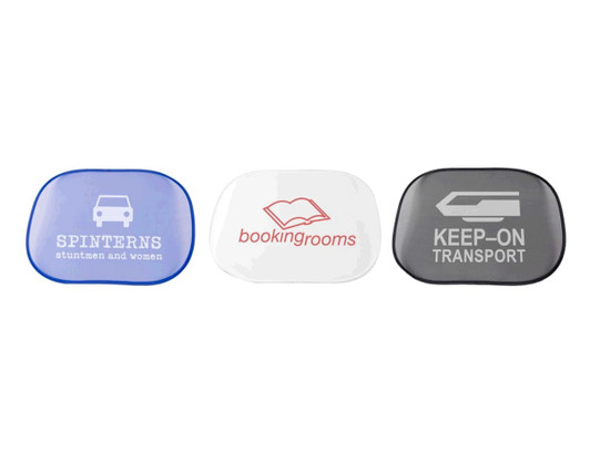 Three sunshades in blue, white, and grey, each featuring different designs and a logo.