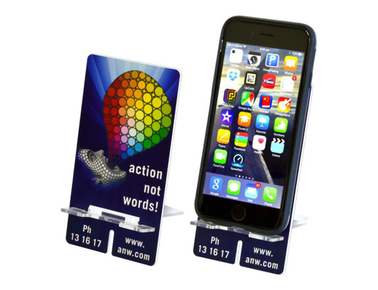 A smartphone stand in blue and white, featuring a colourful design with a logo and a smartphone displayed.
