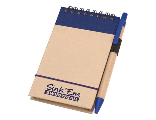 A beige notepad with a blue top section, spiral binding, and a blue pen attached. It features a logo.