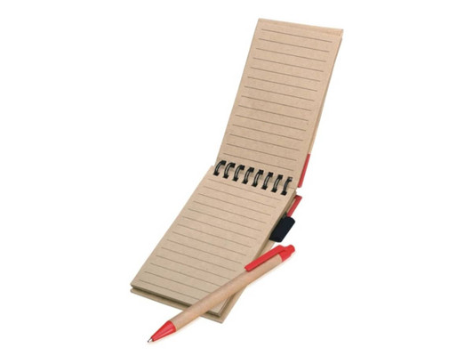 A notepad with a natural brown cover and red accents, accompanied by a wooden pen. It has spiral binding and lined pages.