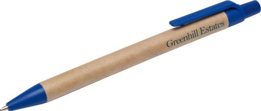 A pen featuring a brown barrel with a blue clip and tip, displaying a branding label.