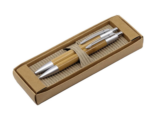A bamboo pen and pencil set in silver and natural wood, presented in a cardboard box with a twine wrap.