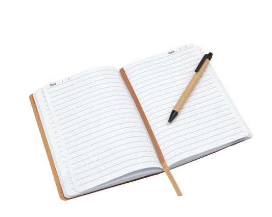 A notepad with lined pages and a tan cover, accompanied by a black pen. The notepad has a logo.