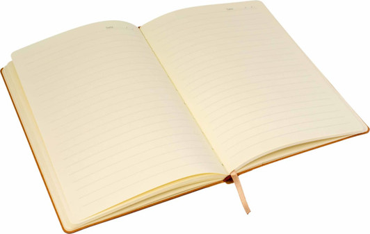 An open A5 notebook with lined pages, featuring a tan cover and a ribbon bookmark.