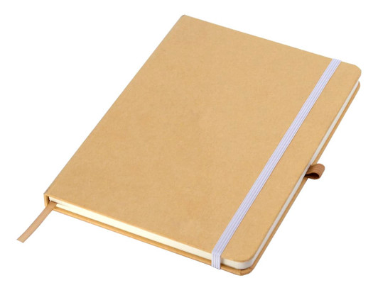 A tan A5 notebook with a white elastic band and ribbon bookmark, featuring a plain cover and inner pages.