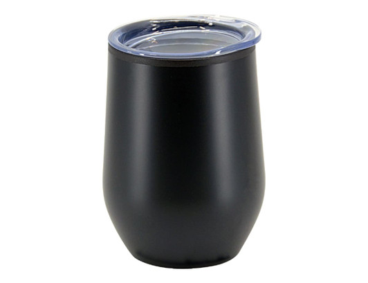 A double wall travel mug in matte black with a clear lid. Features branding on the side.