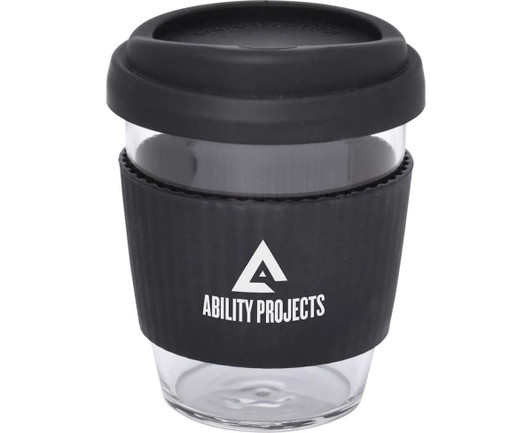 A drink bottle featuring a transparent body, black silicone band, and lid, branded with a logo.