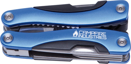 A blue multi-tool with various tools integrated, featuring a logo on one side.