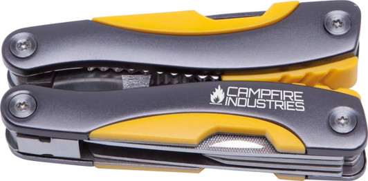 A multi-tool in grey and yellow with a logo, featuring various tools and a compact design.