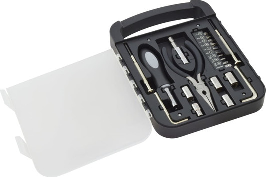 A black tool kit featuring pliers, a screwdriver, and various tools, housed in a compact case with a white cover.