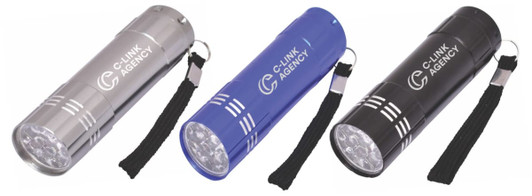 Three mini torches in silver, blue, and black with keychain attachments and a branding logo.