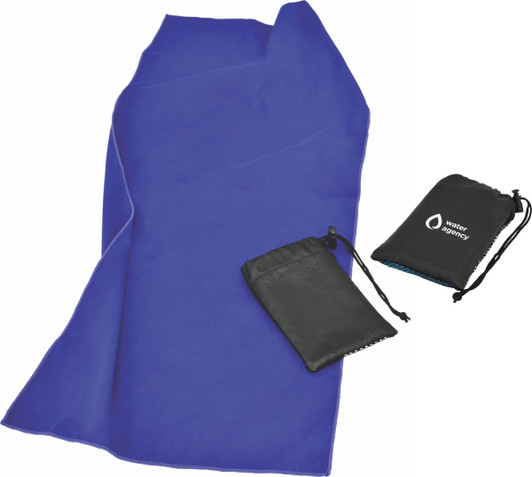 A purple microfibre towel accompanied by two small black pouches, one with a logo.