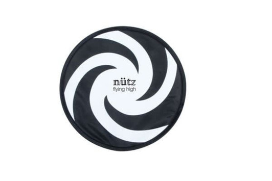 A black and white spiral design frisbee with a logo in the centre, featuring a sleek, aerodynamic shape.