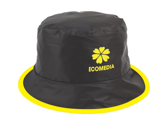 A black bucket hat with a yellow brim and a logo on the front. Suitable for various outdoor activities.