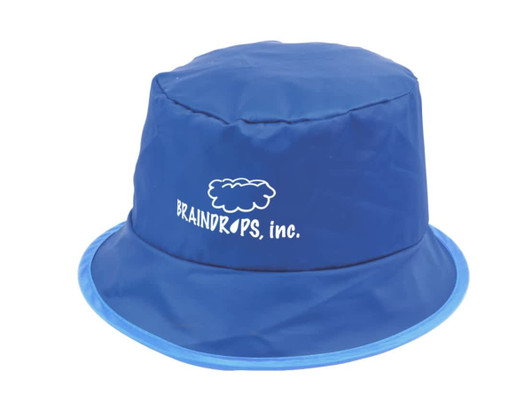 A blue bucket hat with a light blue brim and a logo on the front.