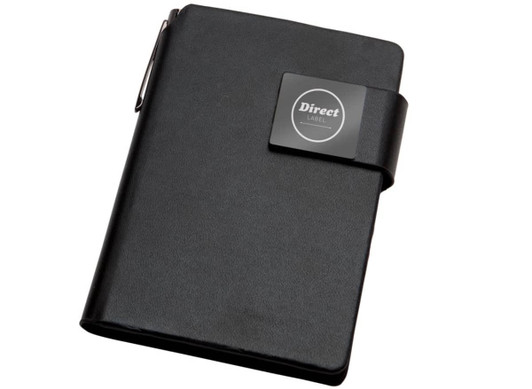 A black notebook with a clasp and a logo, designed for office use.