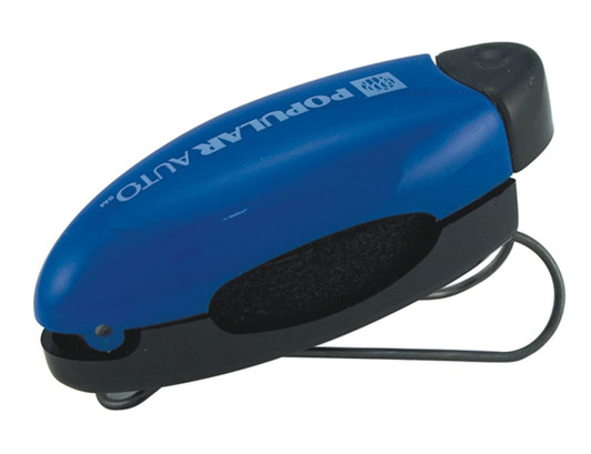 A blue sunglass holder with a clip, featuring a black base and a logo. Ideal for leisure and outdoor use.