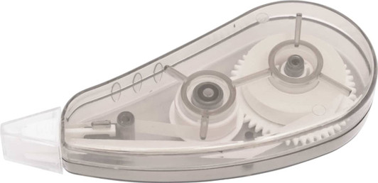 A correction tape dispenser in a transparent casing with white tape and gears visible inside.