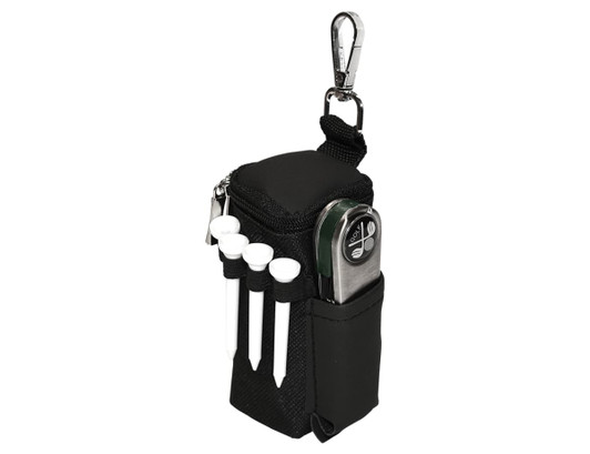 A black golf accessories pouch with a clip, featuring space for tees and a ball marker.