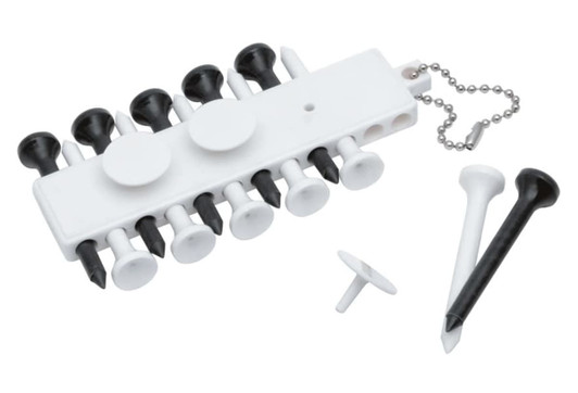 A white golf tee holder with black and white tees attached, along with a few loose black and white tees.