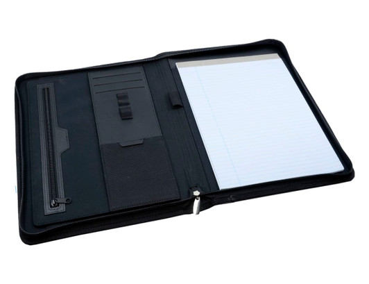 A black leather zip portfolio featuring a notepad, card slots, and a zippered pocket.