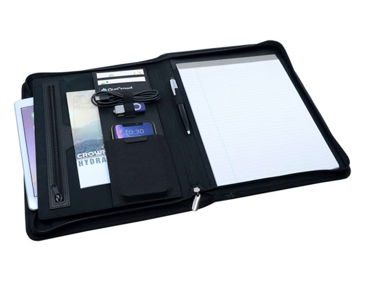 A black leather zip portfolio featuring compartments for documents, a notepad, tech accessories, and a pen.