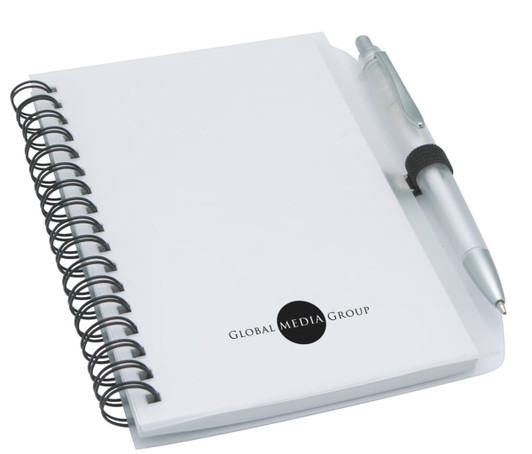 A white notepad with a spiral binding and a silver pen, featuring a logo on the front.