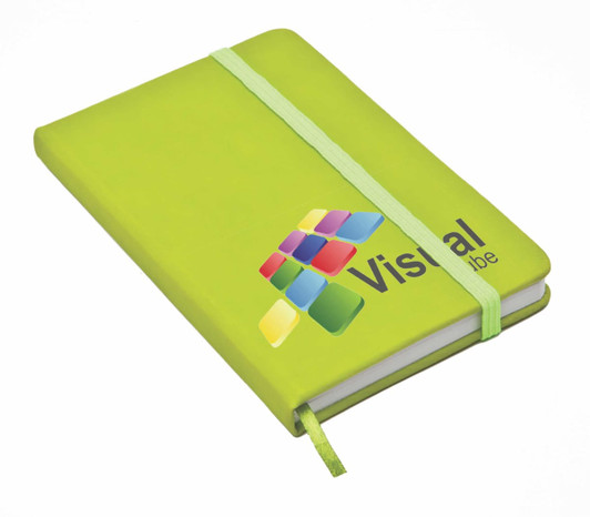 A green notebook with a logo, secured with an elastic band and featuring a ribbon marker.