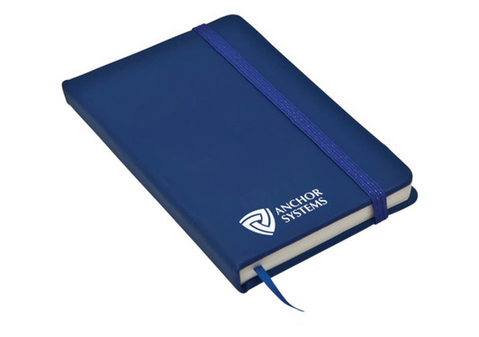 A navy pocket pad with a purple elastic band and a bookmark. It features a logo on the front cover.