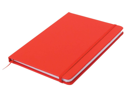 A red A5 notepad with a flexible cover and an elastic band, featuring a white inner paper section.