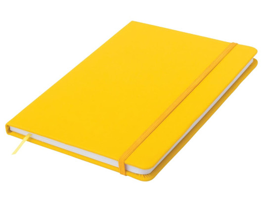 A yellow A5 notepad with an elastic band closure and a ribbon marker. It features a simple design and a logo.
