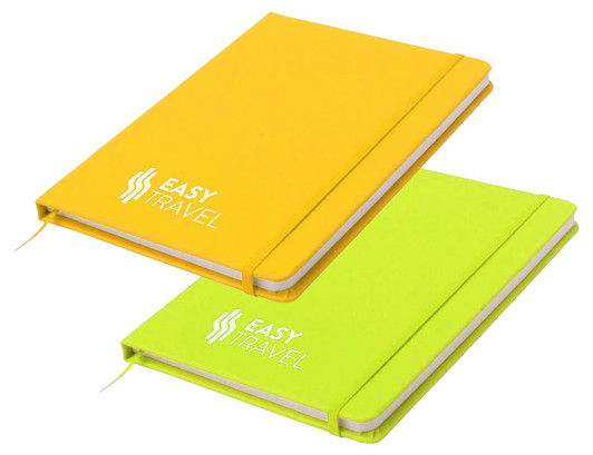 A yellow and a green notepad with a logo on the covers, featuring a smooth finish and an elastic band.