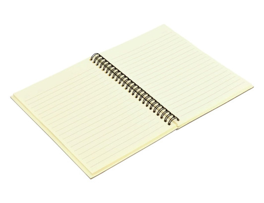 A spiral-bound A5 notebook with lined pages, featuring a cream cover and a black wire binding.