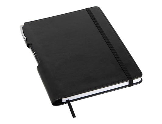 A black A5 notebook with an elastic band closure, featuring a pen holder and ribbon bookmark.