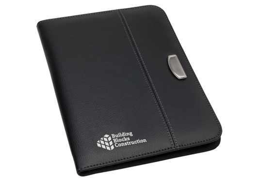 A black A5 portfolio featuring a textured surface and a metallic clasp, with a logo on the front.