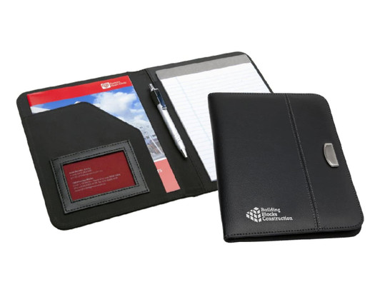 A black Meridian A5 portfolio with a pen, notepad, and cardholder displayed inside. Features a logo on the front.