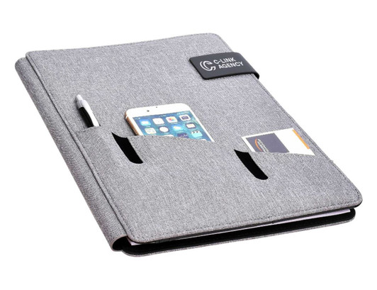A grey hands-free A4 portfolio with a pen, phone pocket, and card slots, featuring a branding logo.