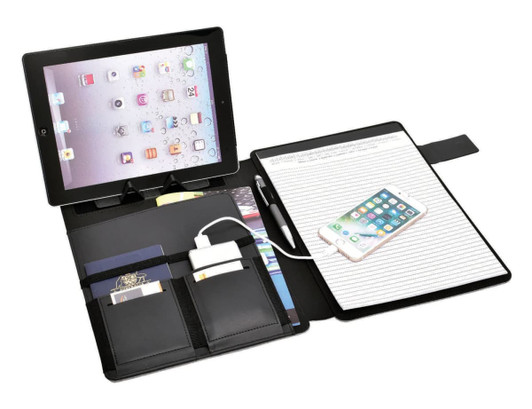 A black hands-free A4 portfolio with compartments for a tablet, notes, cards, and a pen. It includes a charging cable.