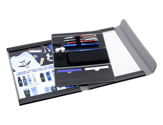 A black A4 portfolio featuring pens, a notepad, and a sleeve for documents, with a branding logo visible.