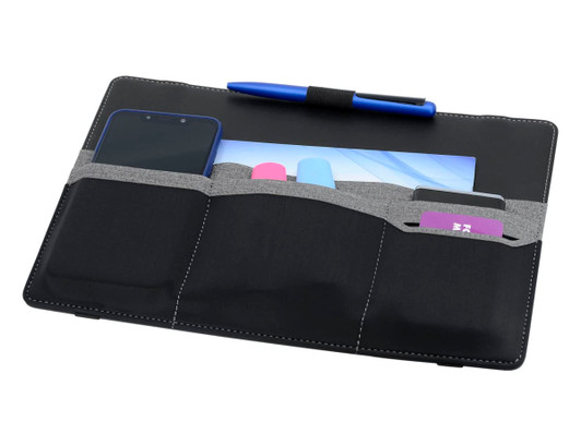 A black laptop bag with grey accents featuring pockets for a phone, cards, and stationery. Includes a pen.