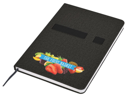 A black Oslo A5 notebook featuring a colourful fruit graphic and an elastic band closure.
