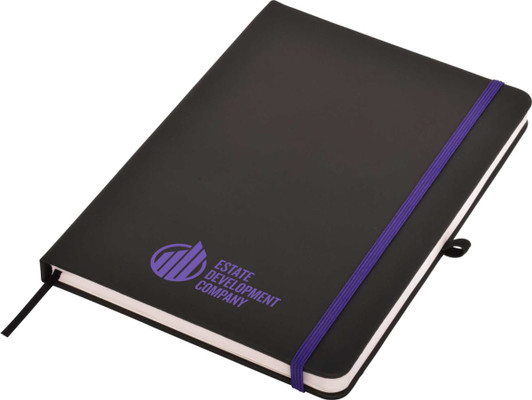 A black A5 notepad with a purple elastic band and a logo on the cover. It features a ribbon bookmark.