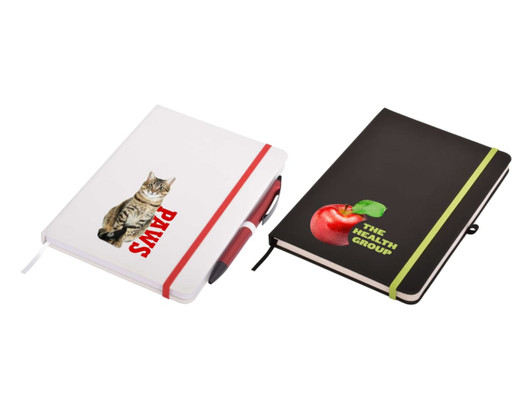 A white notepad with a cat graphic and a black notepad with an apple graphic, both featuring elastic bands.